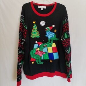 Jolly Sweaters Men's 2XL‎ Ugly Christmas Sweater Black Disco T-Rex Dinosaurs